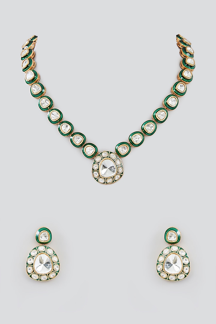 Gold Finish Kundan Polki Meenakari Necklace Set by Zevar By Geeta at Pernia's Pop Up Shop