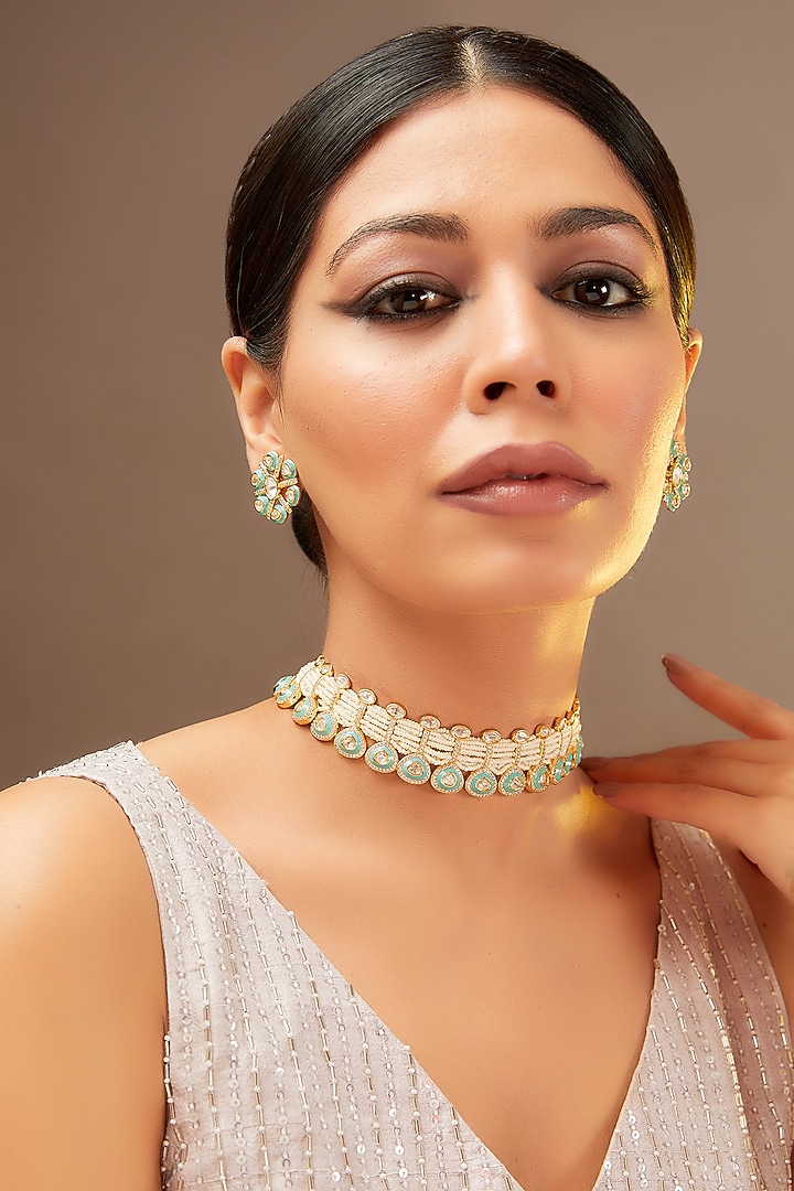 Gold Finish Kundan Polki Choker Necklace Set by Zevar By Geeta at Pernia's Pop Up Shop