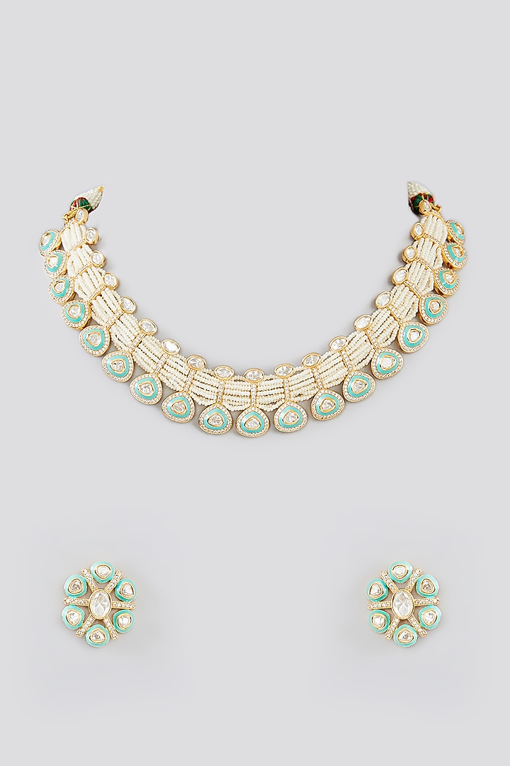 Gold Finish Kundan Polki Choker Necklace Set by Zevar By Geeta at Pernia's Pop Up Shop