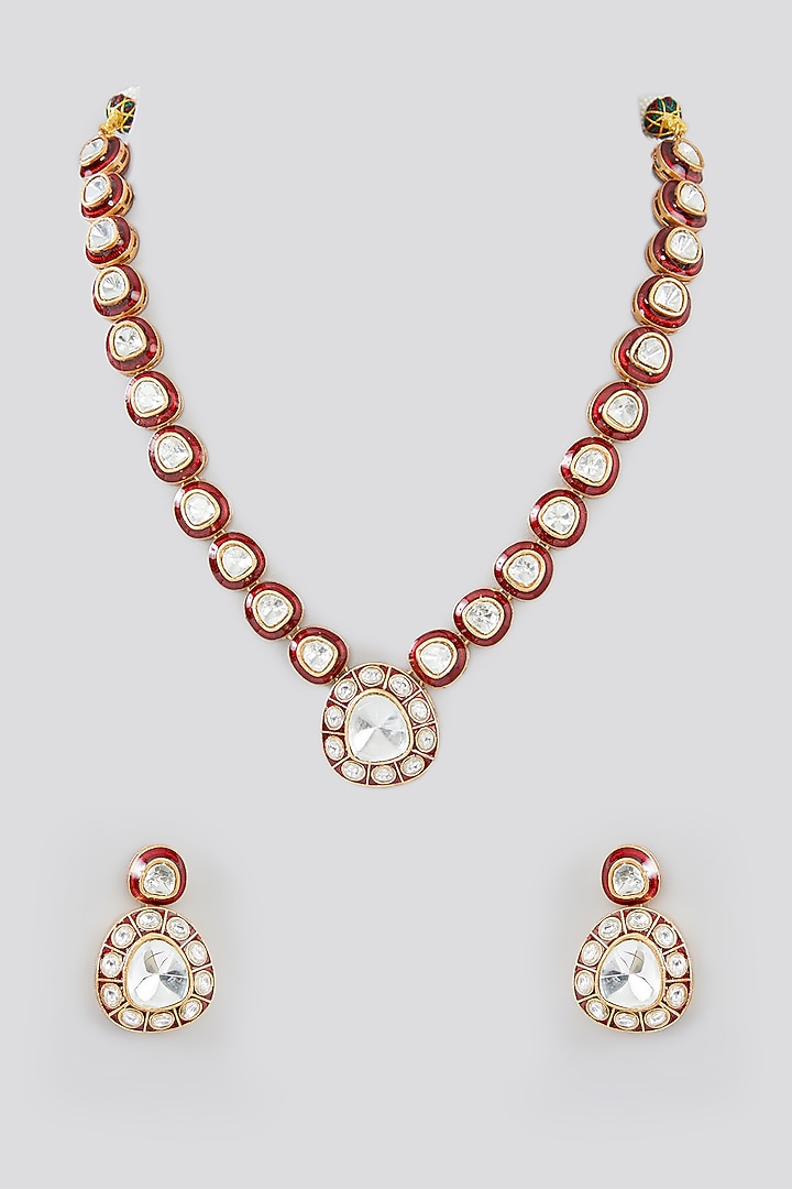 Gold Finish Kundan Polki Meenakari Necklace Set by Zevar By Geeta at Pernia's Pop Up Shop