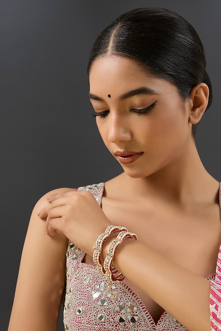 Gold Finish Kundan Polki & Red Resin Openable Bangles by Zevar By Geeta at Pernia's Pop Up Shop