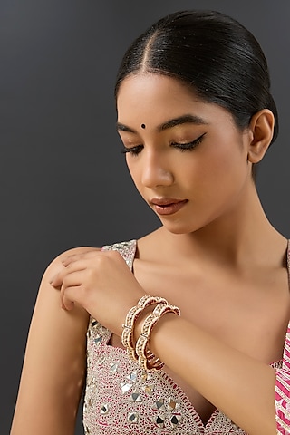 Gold Finish Kundan Polki & Red Resin Openable Bangles by Zevar By Geeta