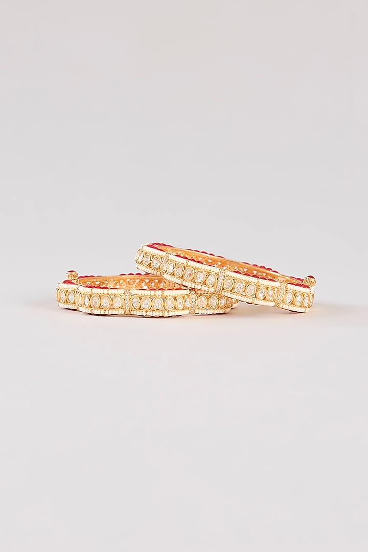 Gold Finish Kundan Polki & Red Resin Openable Bangles by Zevar By Geeta at Pernia's Pop Up Shop
