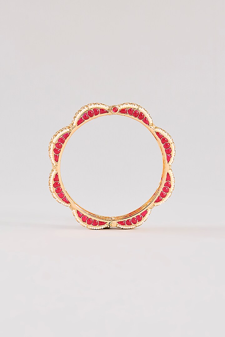Gold Finish Kundan Polki & Red Resin Openable Bangles by Zevar By Geeta at Pernia's Pop Up Shop