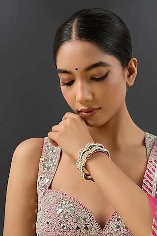 Gold Finish Kundan Polki & Blue Resin Openable Bangles by Zevar By Geeta