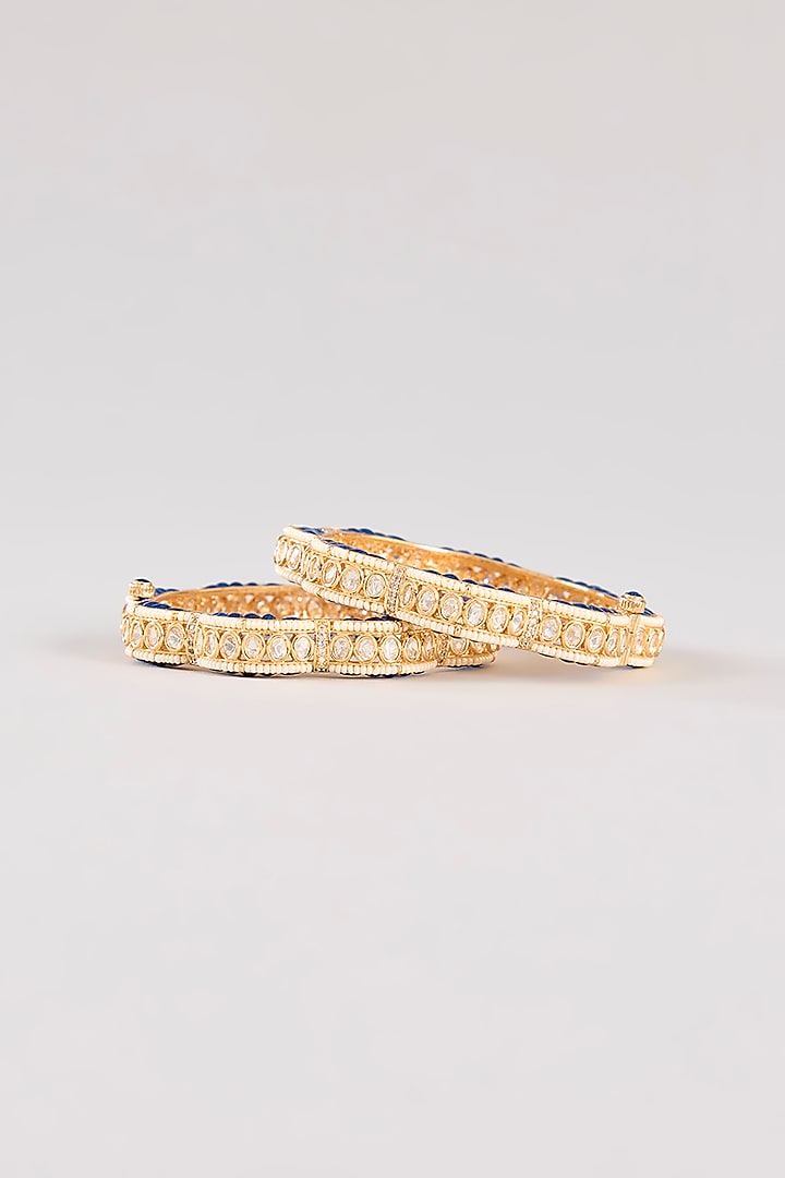 Gold Finish Kundan Polki & Blue Resin Openable Bangles by Zevar By Geeta at Pernia's Pop Up Shop