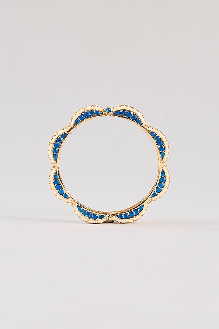 Gold Finish Kundan Polki & Blue Resin Openable Bangles by Zevar By Geeta at Pernia's Pop Up Shop