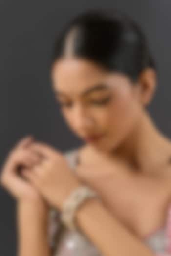 Gold Finish Kundan Polki & Green Resin Openable Bangles by Zevar By Geeta at Pernia's Pop Up Shop