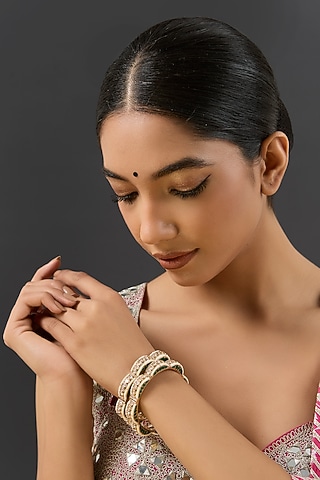 Gold Finish Kundan Polki & Green Resin Openable Bangles by Zevar By Geeta