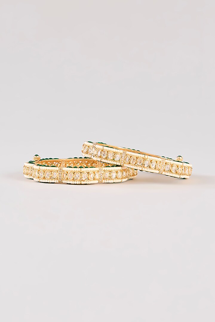 Gold Finish Kundan Polki & Green Resin Openable Bangles by Zevar By Geeta at Pernia's Pop Up Shop