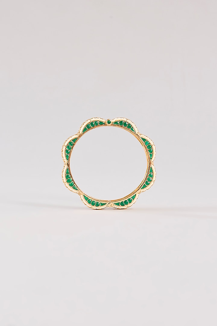 Gold Finish Kundan Polki & Green Resin Openable Bangles by Zevar By Geeta at Pernia's Pop Up Shop