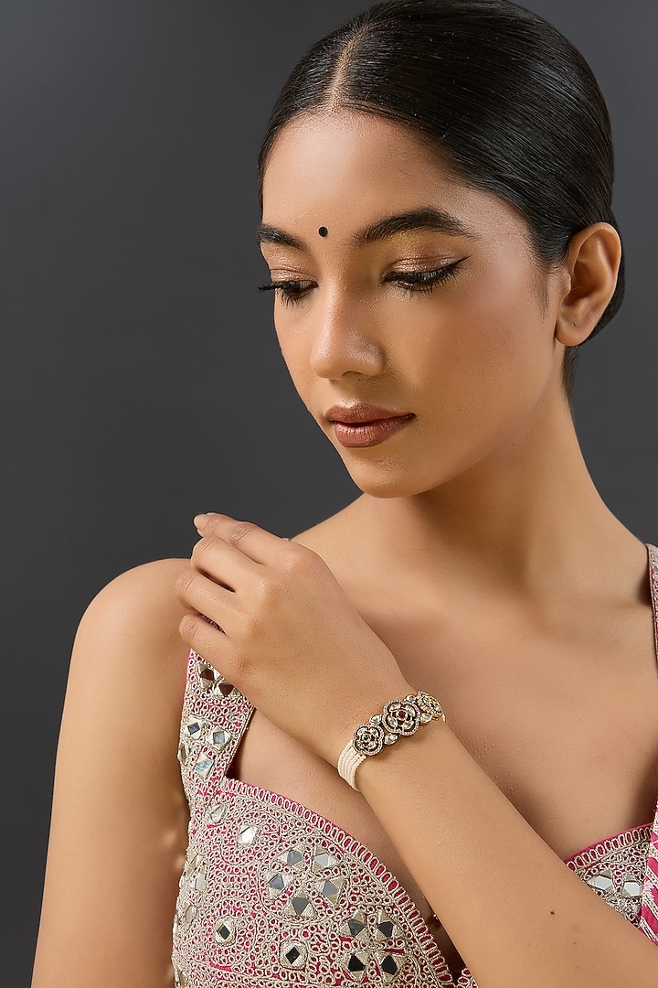Two-Tone Finish Kundan Polki & Pearl Adjustable Bracelet by Zevar By Geeta at Pernia's Pop Up Shop