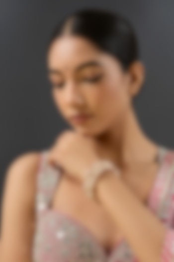 Gold Finish Kundan Polki & White Resin Openable Bangles by Zevar By Geeta at Pernia's Pop Up Shop