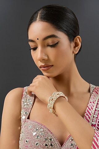 Gold Finish Kundan Polki & White Resin Openable Bangles by Zevar By Geeta