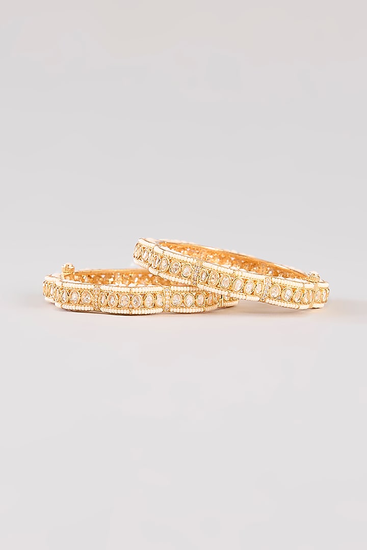 Gold Finish Kundan Polki & White Resin Openable Bangles by Zevar By Geeta at Pernia's Pop Up Shop