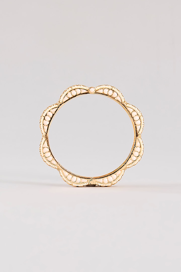 Gold Finish Kundan Polki & White Resin Openable Bangles by Zevar By Geeta at Pernia's Pop Up Shop