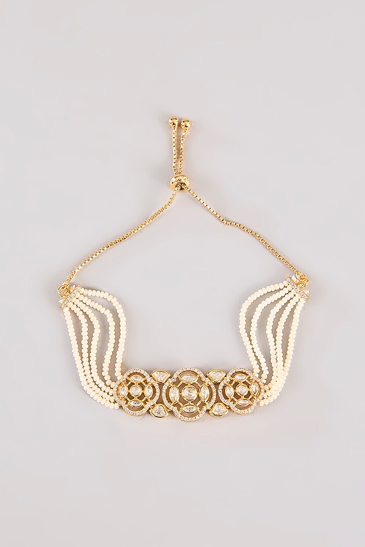 Gold Finish Kundan Polki & Pearl Adjustable Bracelet by Zevar By Geeta at Pernia's Pop Up Shop