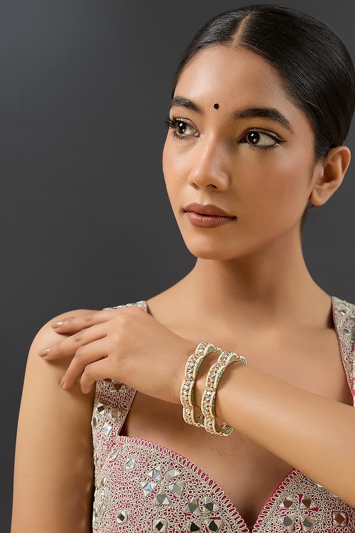 Gold Finish Kundan Polki & Aqua Green Resin Openable Bangles by Zevar By Geeta at Pernia's Pop Up Shop