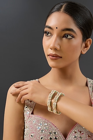 Gold Finish Kundan Polki & Aqua Green Resin Openable Bangles by Zevar By Geeta