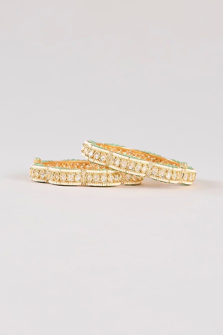 Gold Finish Kundan Polki & Aqua Green Resin Openable Bangles by Zevar By Geeta at Pernia's Pop Up Shop