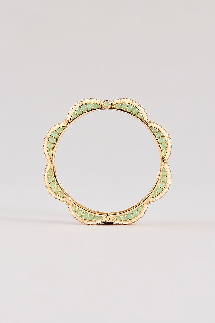 Gold Finish Kundan Polki & Aqua Green Resin Openable Bangles by Zevar By Geeta at Pernia's Pop Up Shop