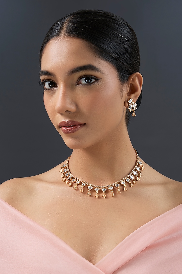 Gold Finish Kundan Polki Necklace Set by Zevar By Geeta at Pernia's Pop Up Shop