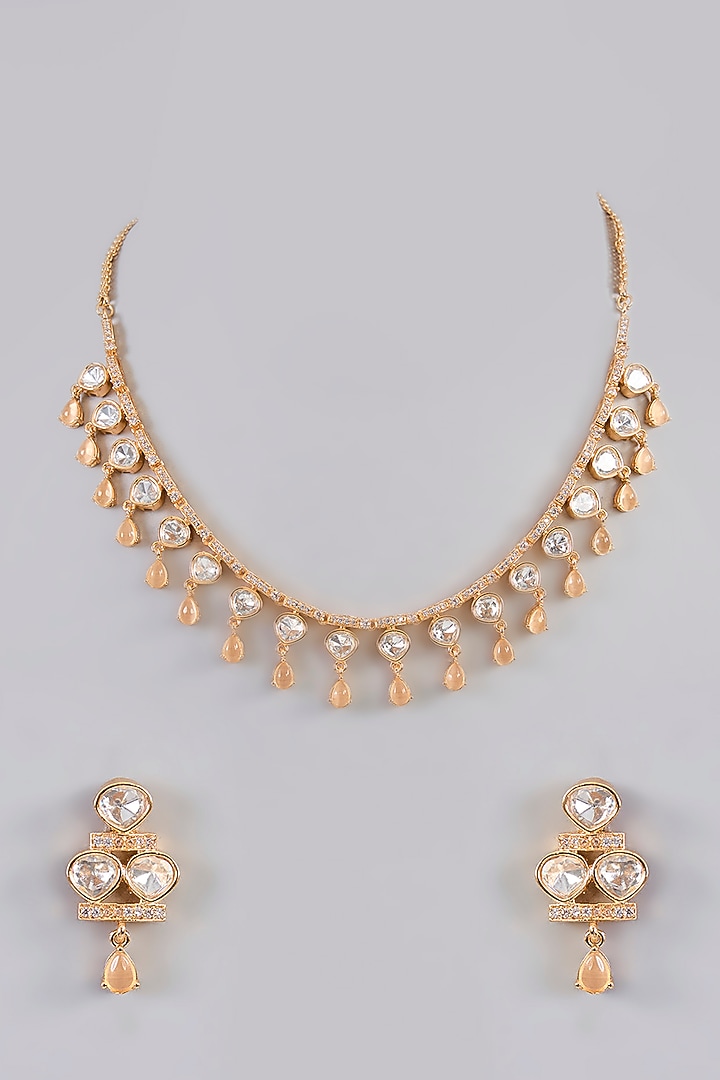 Gold Finish Kundan Polki Necklace Set by Zevar By Geeta at Pernia's Pop Up Shop