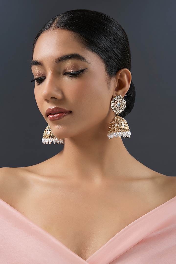 Gold Finish Kundan Polki Jhumka Earrings by Zevar By Geeta at Pernia's Pop Up Shop