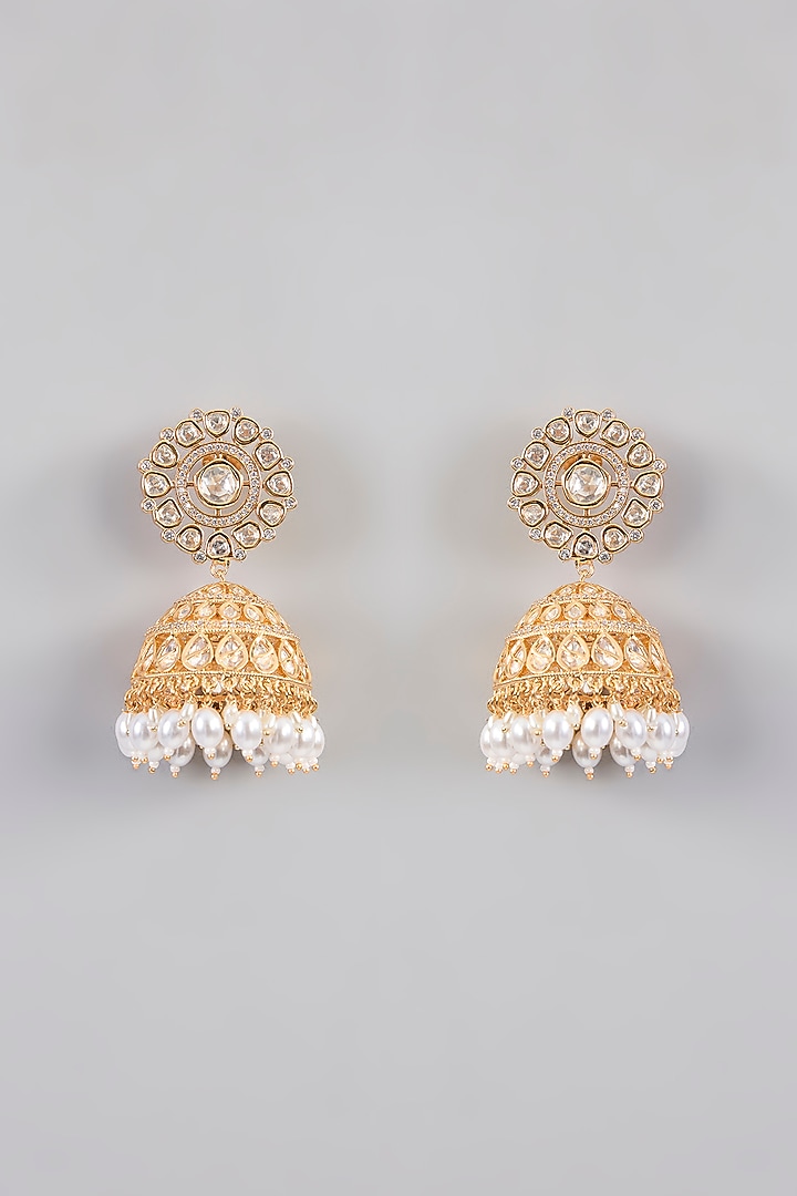 Gold Finish Kundan Polki Jhumka Earrings by Zevar By Geeta at Pernia's Pop Up Shop