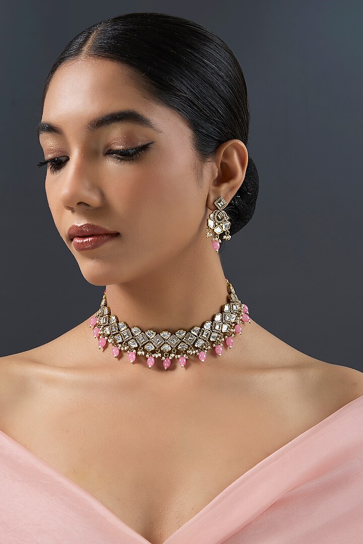 Two-Tone Finish Kundan Polki & Pink Pearl Necklace Set by Zevar By Geeta at Pernia's Pop Up Shop