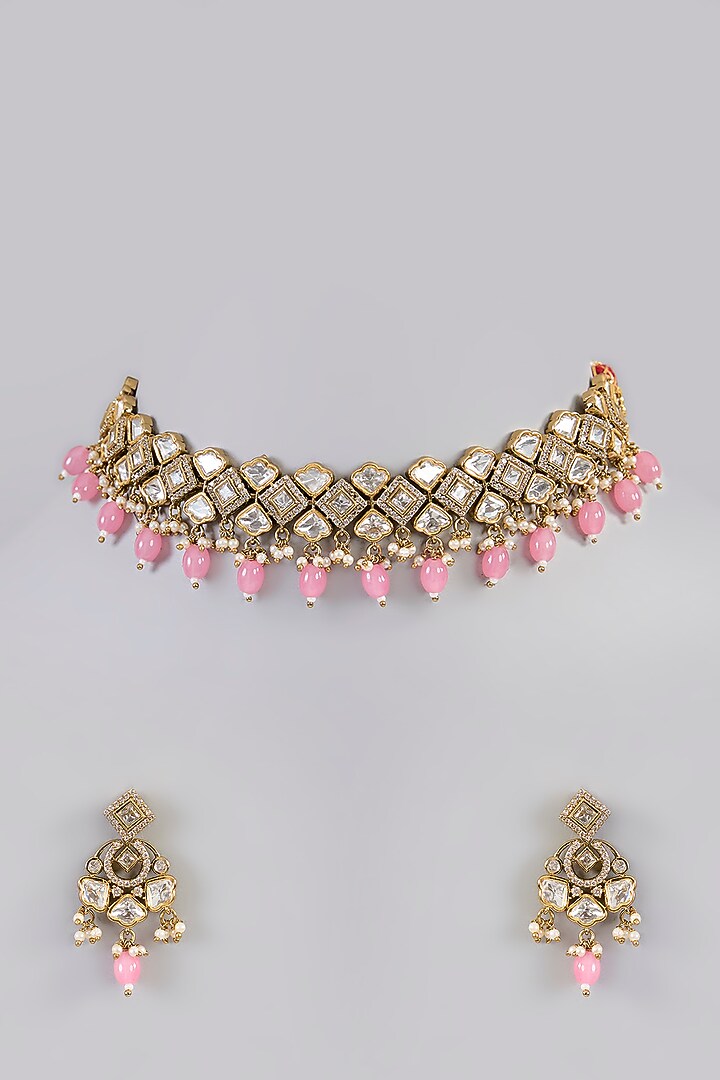 Two-Tone Finish Kundan Polki & Pink Pearl Necklace Set by Zevar By Geeta at Pernia's Pop Up Shop