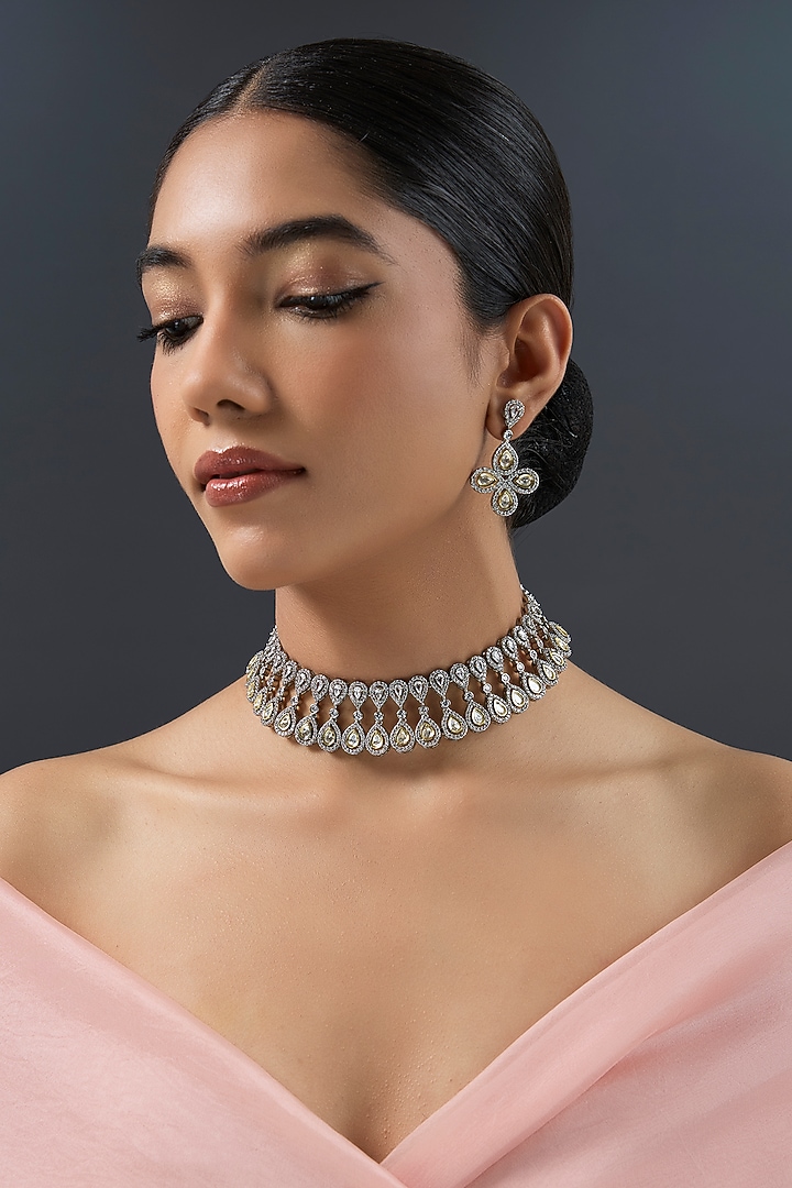 Two-Tone Finish Zircon Necklace Set by Zevar By Geeta at Pernia's Pop Up Shop