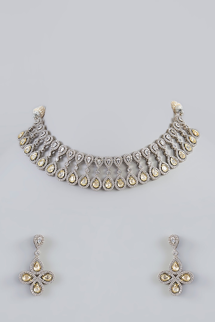 Two-Tone Finish Zircon Necklace Set by Zevar By Geeta at Pernia's Pop Up Shop