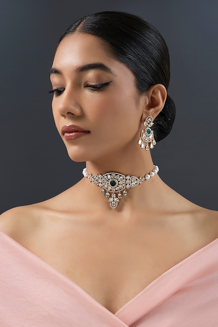 Gold Finish Kundan Polki & Green Stone Choker Necklace Set by Zevar By Geeta at Pernia's Pop Up Shop