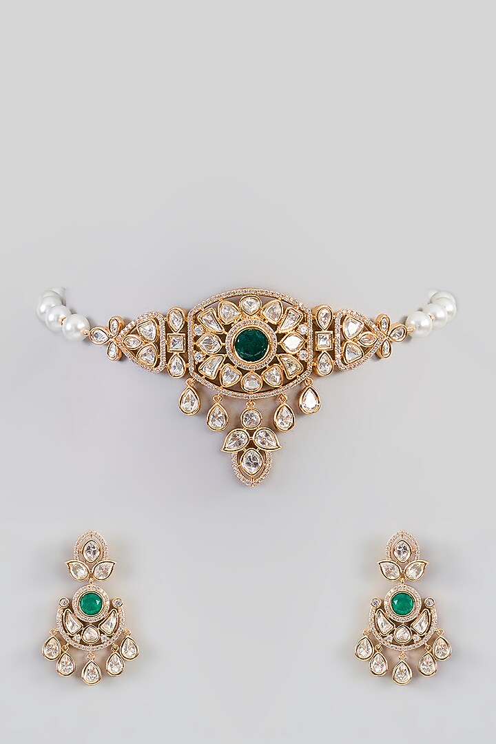 Gold Finish Kundan Polki & Green Stone Choker Necklace Set by Zevar By Geeta at Pernia's Pop Up Shop