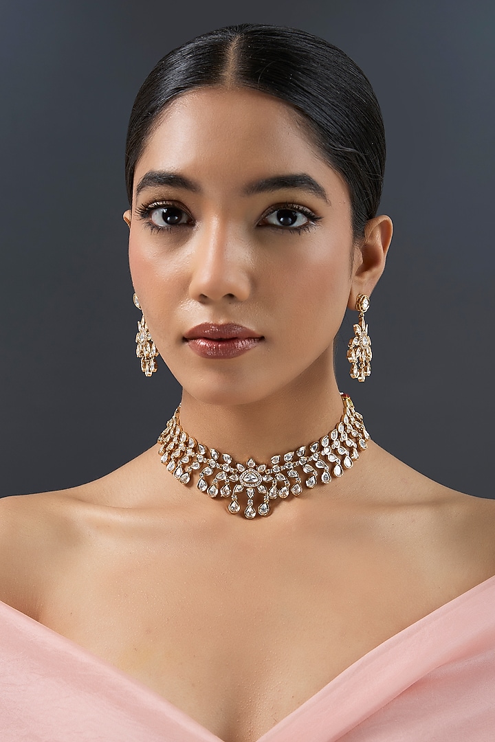 Gold Finish Kundan Polki Choker Necklace Set by Zevar By Geeta at Pernia's Pop Up Shop