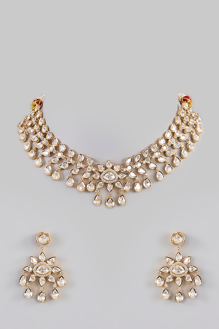 Gold Finish Kundan Polki Choker Necklace Set by Zevar By Geeta at Pernia's Pop Up Shop