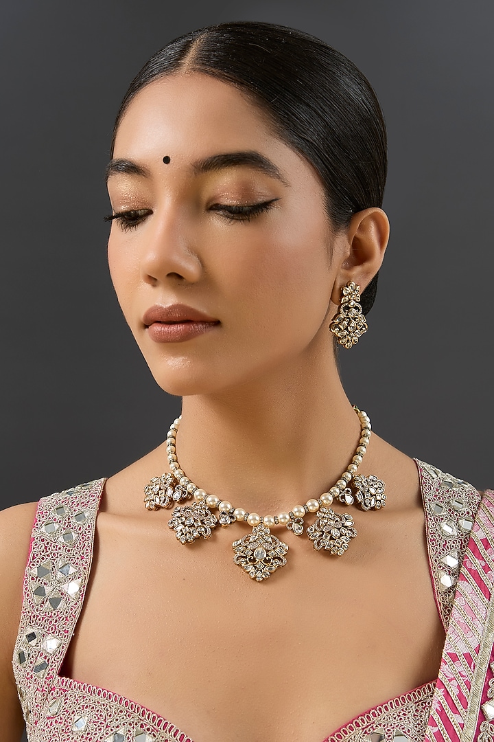 Two-Tone Finish Kundan Polki Necklace Set by Zevar By Geeta at Pernia's Pop Up Shop