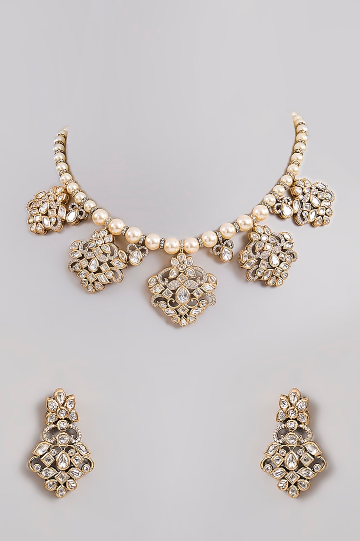 Two-Tone Finish Kundan Polki Necklace Set by Zevar By Geeta at Pernia's Pop Up Shop