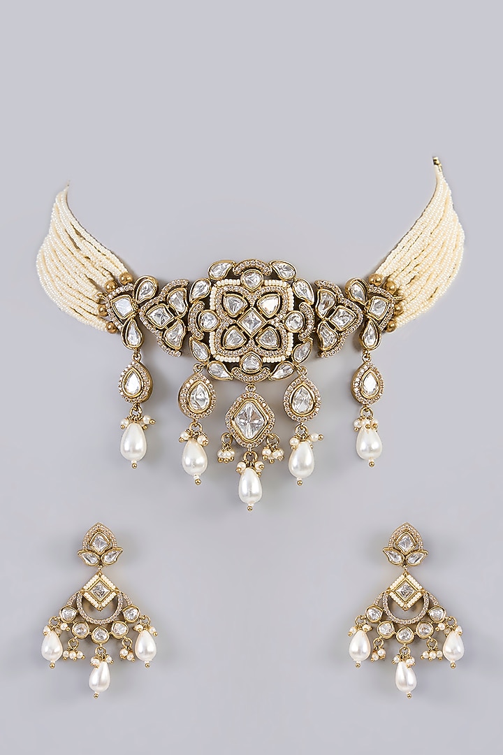 Two-Tone Finish Kundan Polki Choker Necklace Set by Zevar By Geeta at Pernia's Pop Up Shop