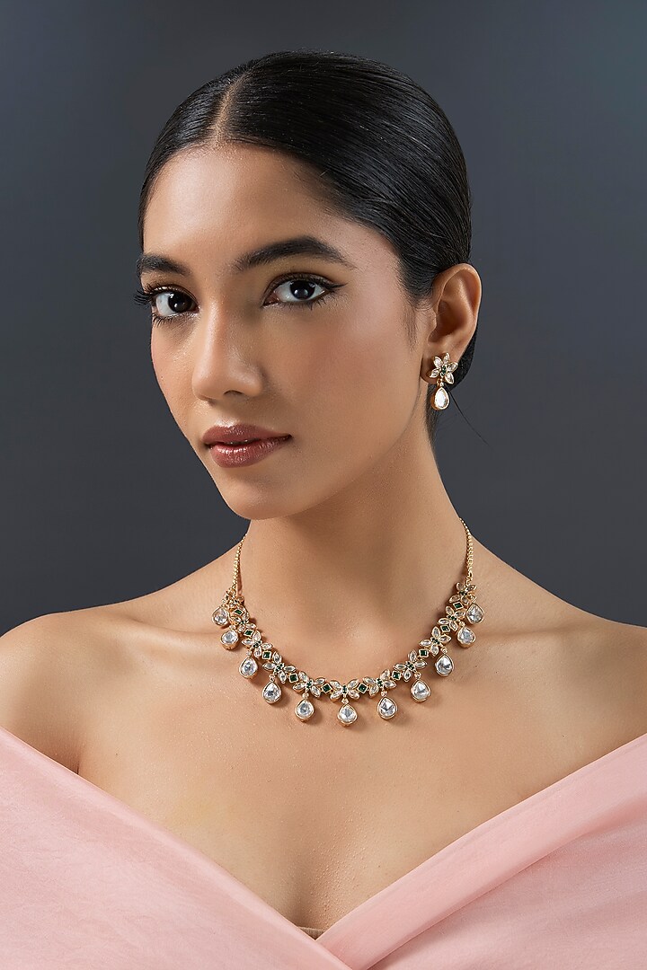 Gold Finish Kundan Polki Necklace Set by Zevar By Geeta at Pernia's Pop Up Shop