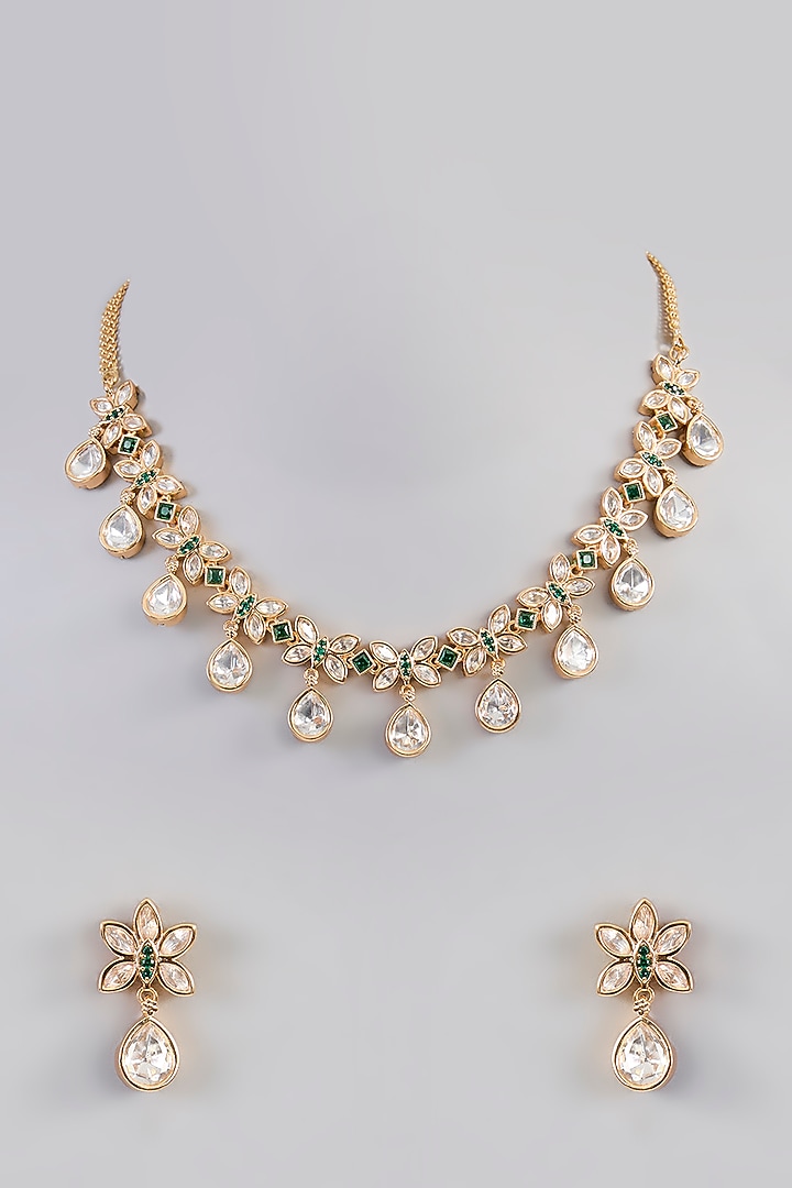 Gold Finish Kundan Polki Necklace Set by Zevar By Geeta at Pernia's Pop Up Shop