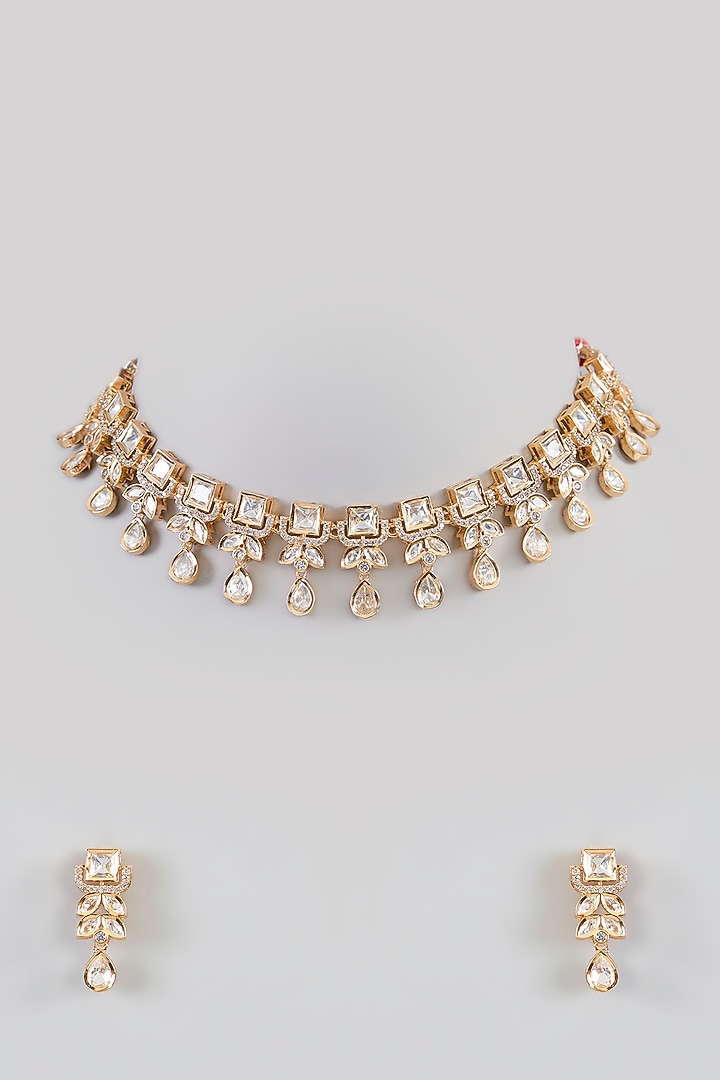 Gold Finish Kundan Polki Necklace Set by Zevar By Geeta at Pernia's Pop Up Shop