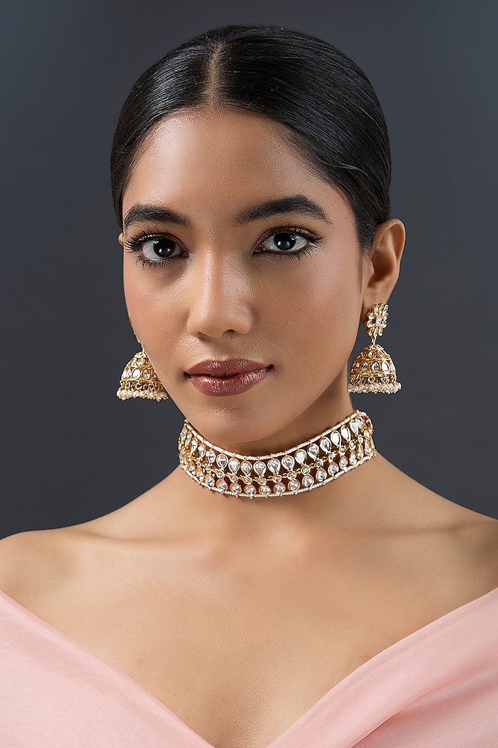 Gold Finish Kundan Polki Choker Necklace Set by Zevar By Geeta at Pernia's Pop Up Shop