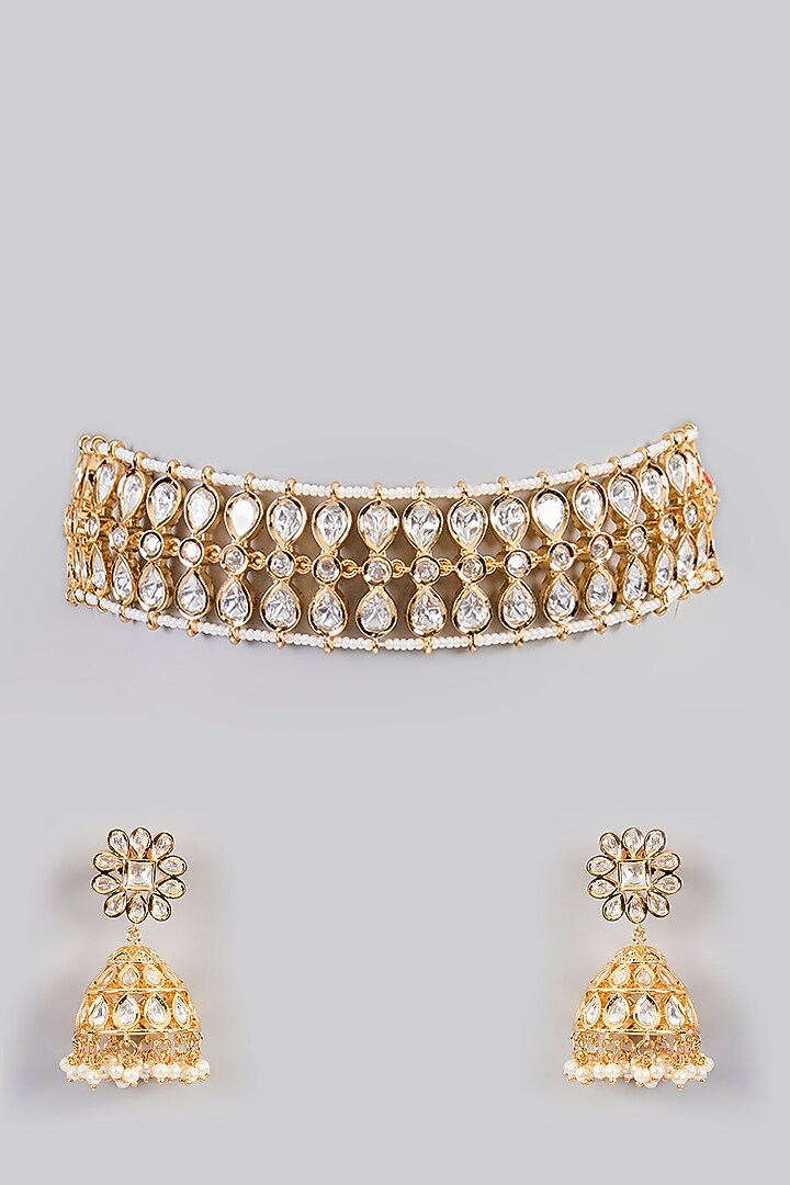Gold Finish Kundan Polki Choker Necklace Set by Zevar By Geeta at Pernia's Pop Up Shop