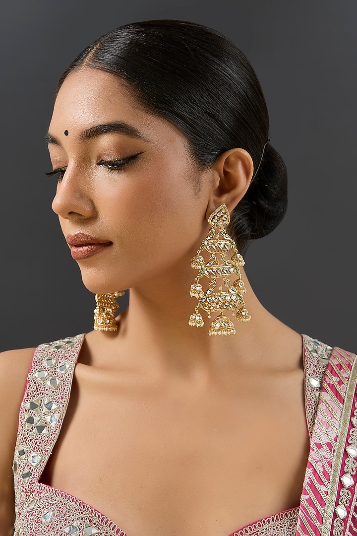 Gold Finish Kundan Polki Dangler Earrings by Zevar By Geeta at Pernia's Pop Up Shop