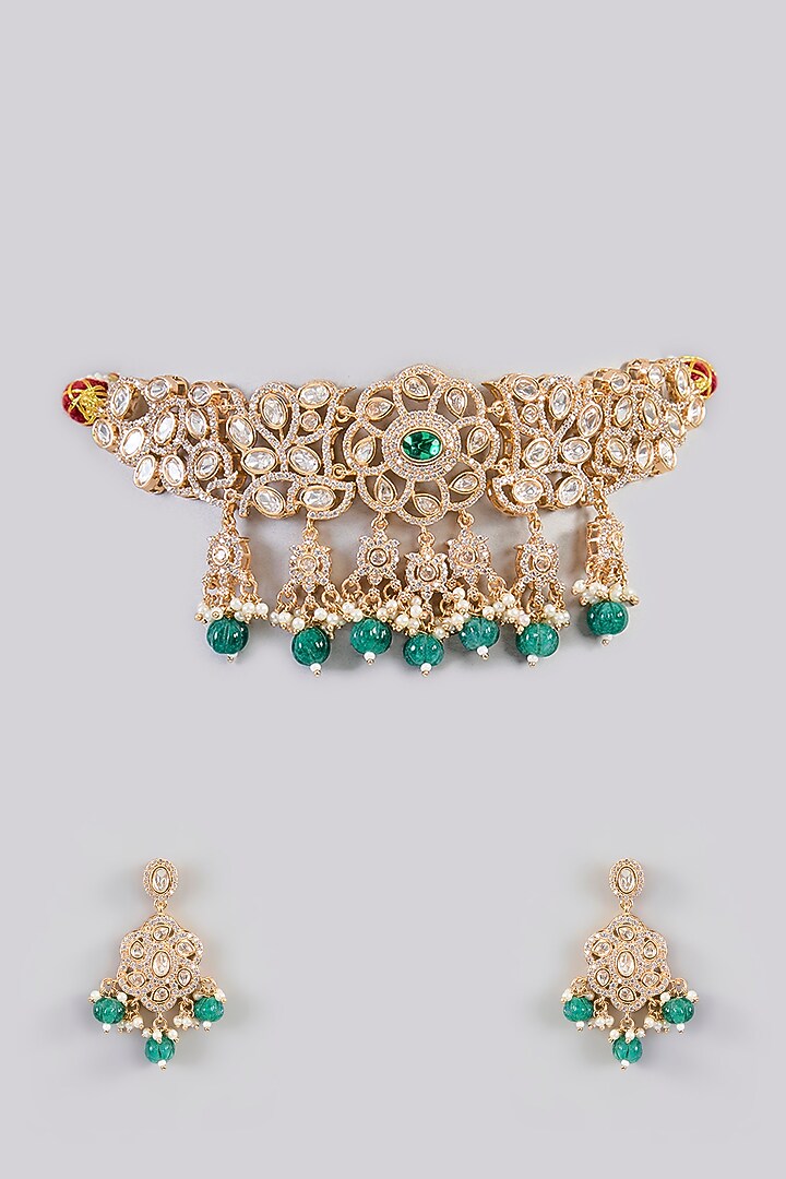 Gold Finish Kundan Polki & Green Stone Choker Necklace Set by Zevar by Geeta at Pernia's Pop Up Shop
