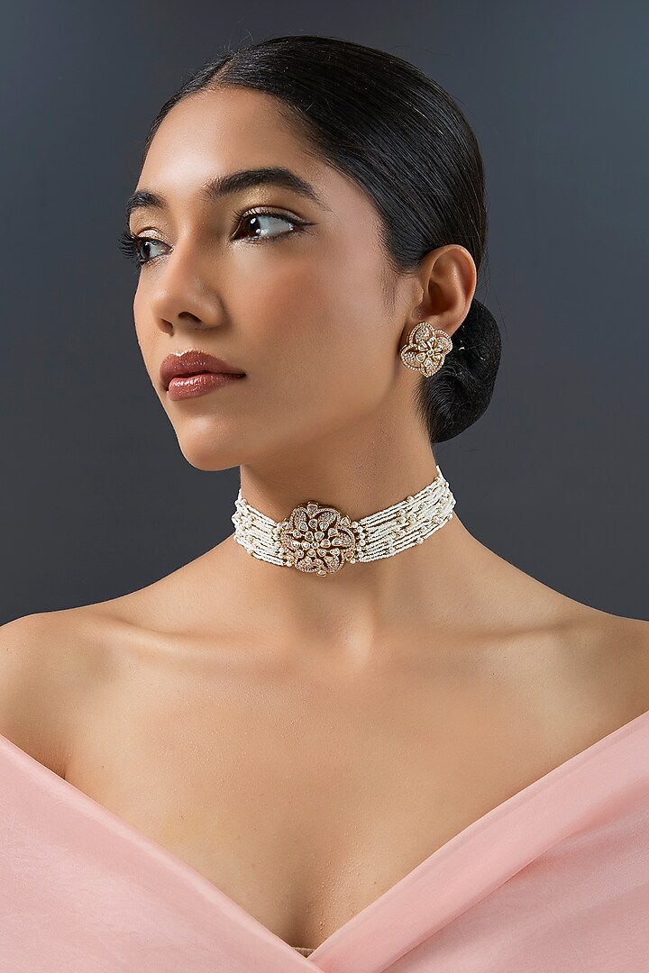 Gold Finish Kundan Polki Choker Necklace Set by Zevar by Geeta at Pernia's Pop Up Shop