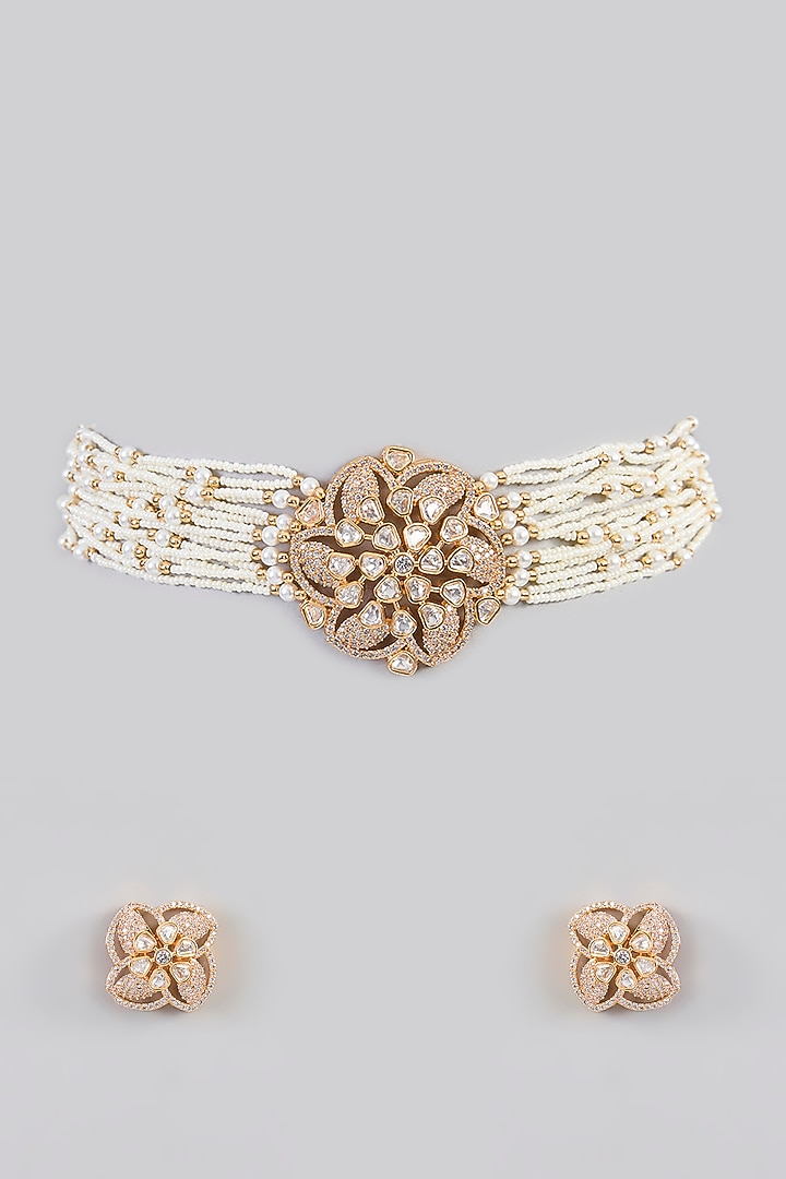 Gold Finish Kundan Polki Choker Necklace Set by Zevar by Geeta at Pernia's Pop Up Shop