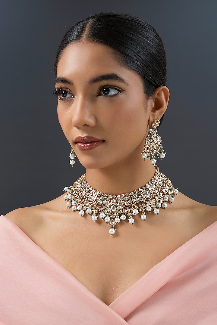 Gold Finish Kundan Polki & Pearl Necklace Set by Zevar by Geeta at Pernia's Pop Up Shop